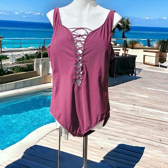 Aqua Green New Currant Red sun blocking lace up one piece swimwear size 26W - Picture 16 of 16